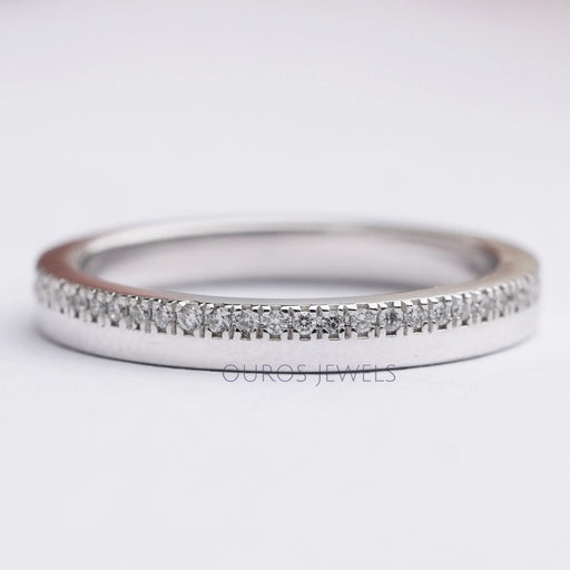 front view of round lab grown diamond half eternity wedding band white gold
