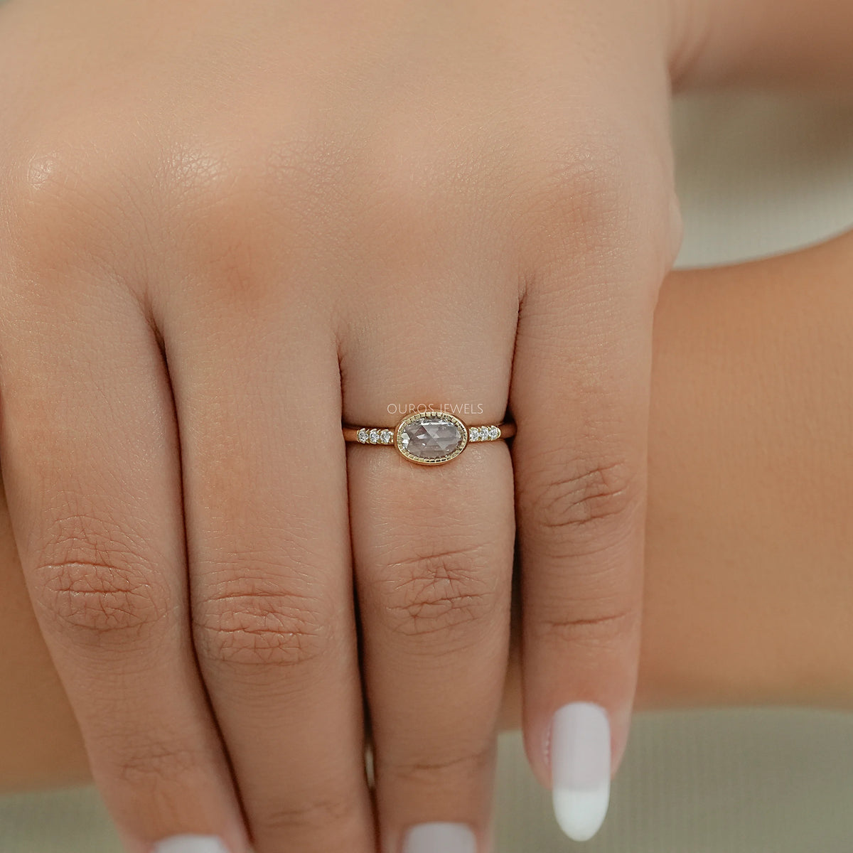 East West Rose Cut Oval Diamond Milgrain Accent Ring Ring