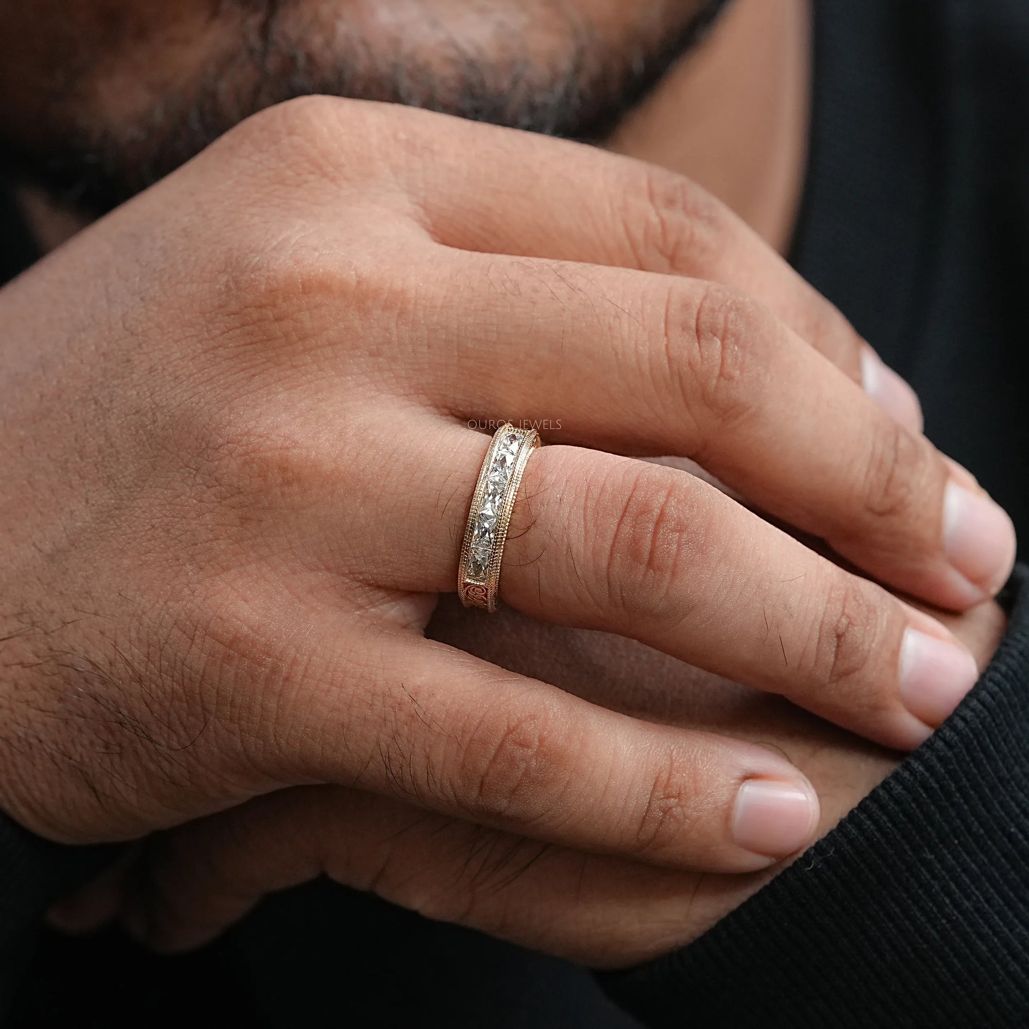 French Baguette Cut Lab Diamond Wedding Band For Men's Rings