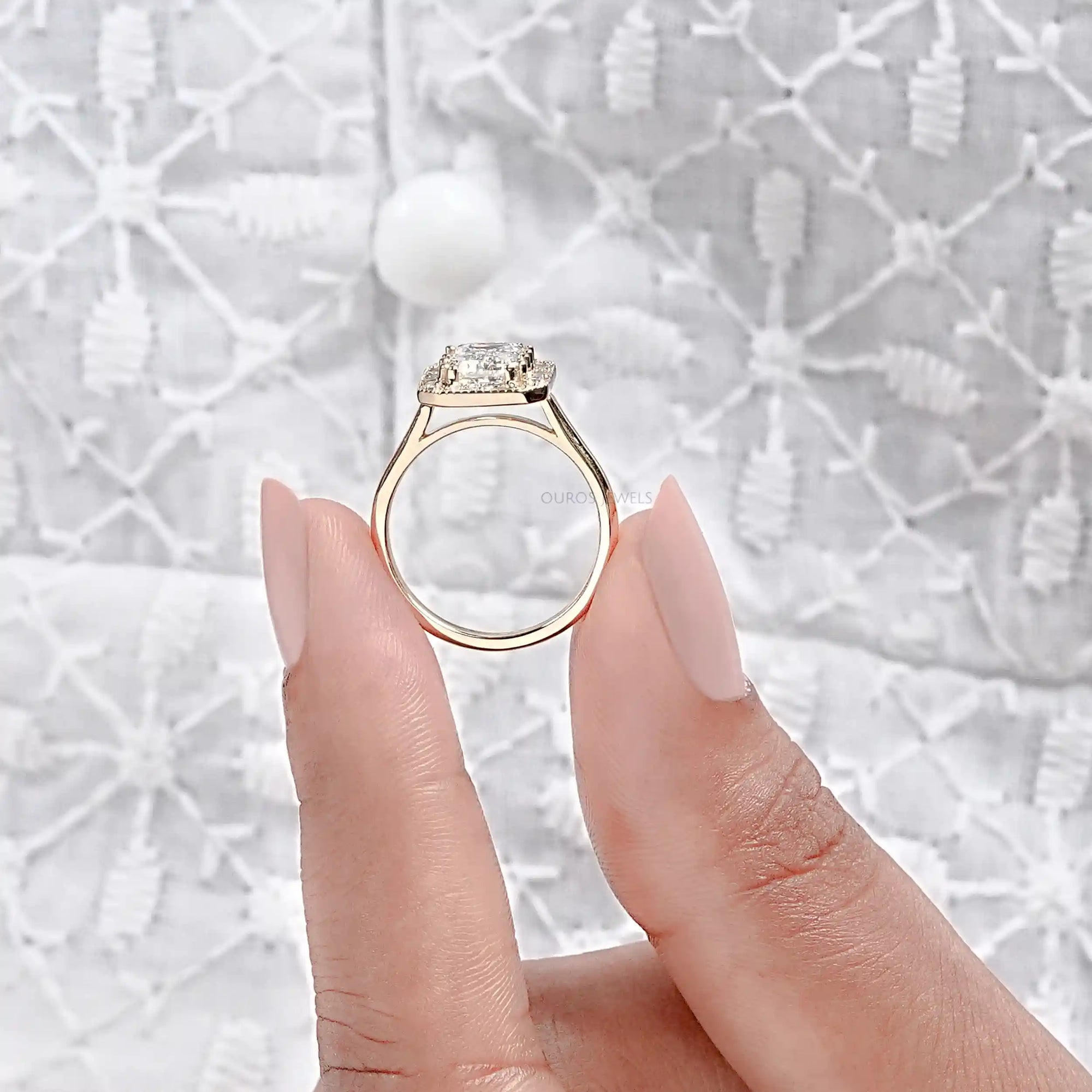 Emerald Diamond Engagement Ring - Baguette Halo Settings Rings