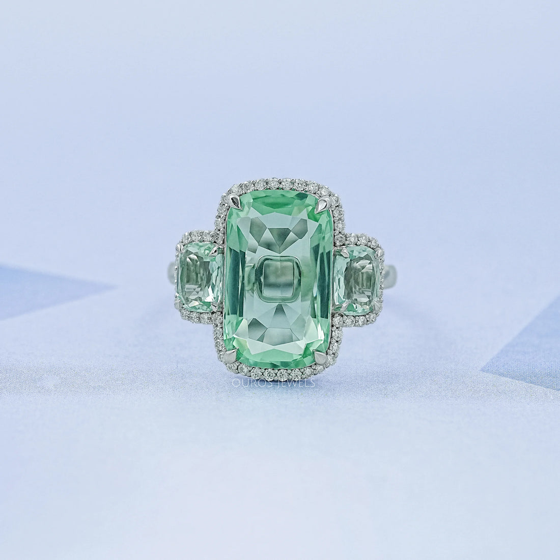 Trilogy Mint Green Cushion Gemstone Halo Ring Ring