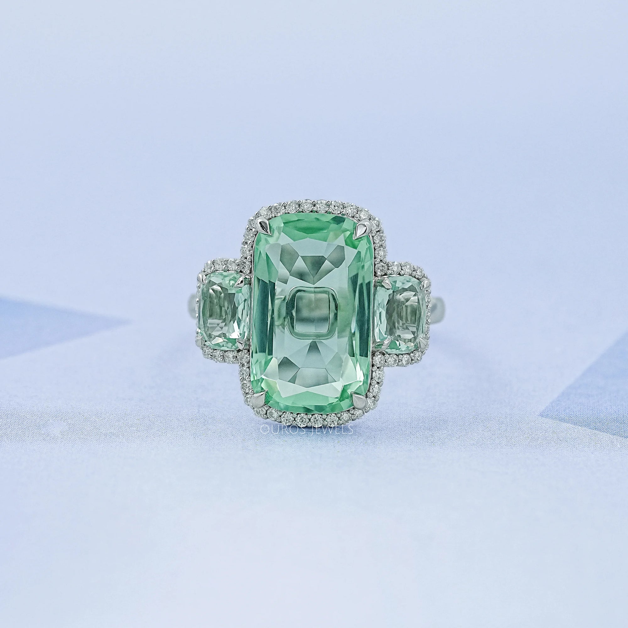 Trilogy Mint Green Cushion Gemstone Halo Ring Ring