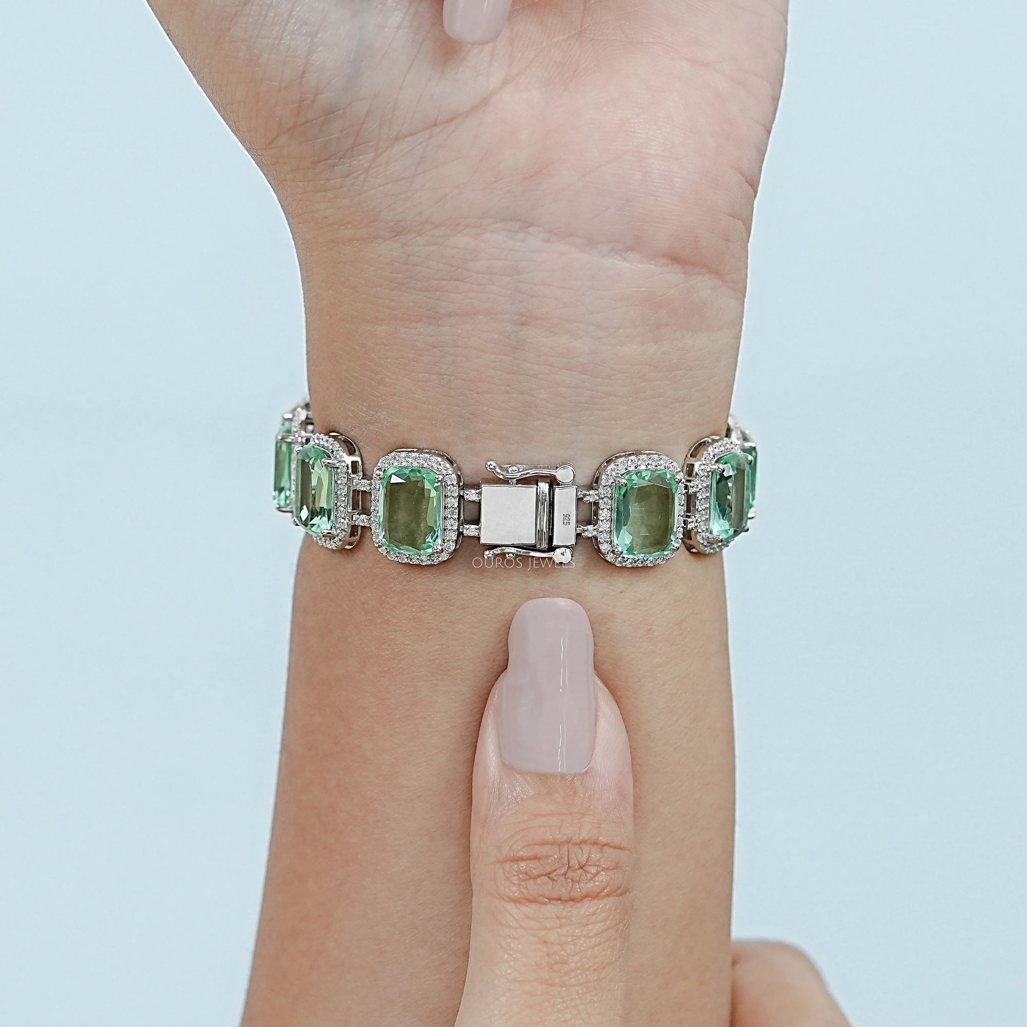 Mint Green Elongated Cushion Gemstone Halo Bracelet Bracelet