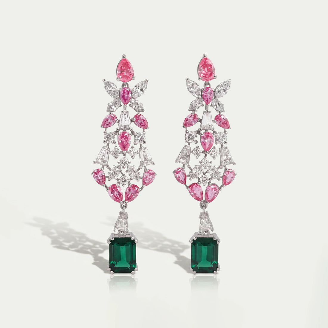 Multi Shape Lab Green Gemstone Cluster Diamond Dangle Earring