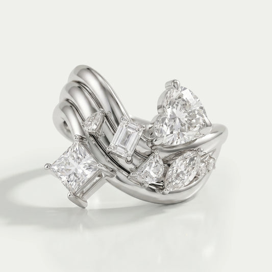 Three Row Multi Shape Lab Diamond Wave Band Ring