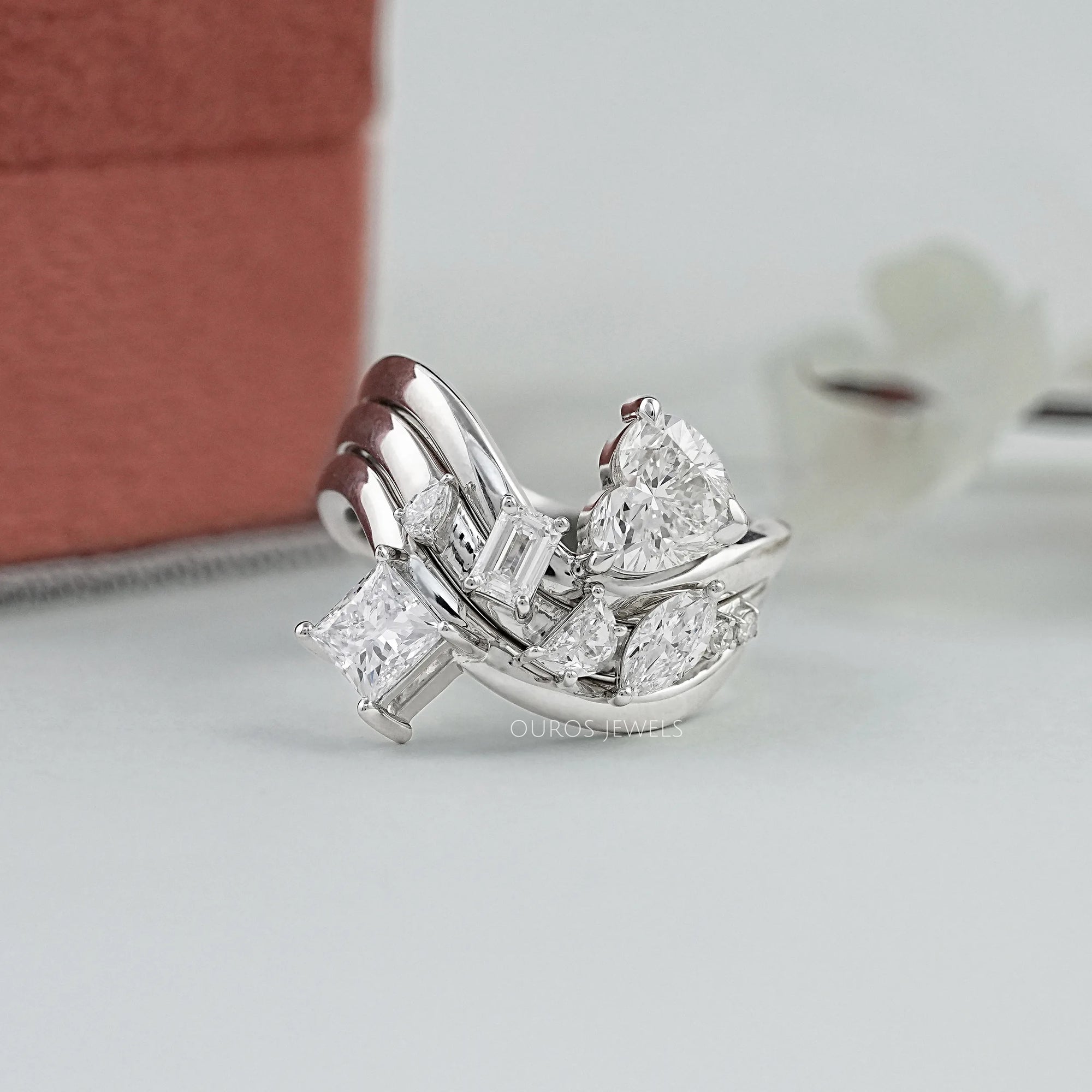 Three Row Multi Shape Lab Diamond Wave Band Ring