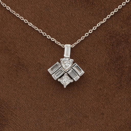 front view of multi shape diamond half bezel set pendant necklace