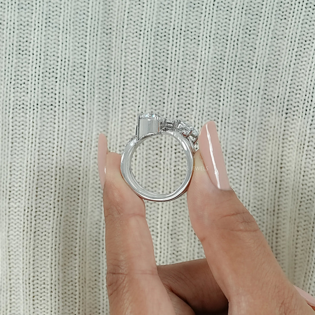 Three Row Multi Shape Lab Diamond Wave Band Ring