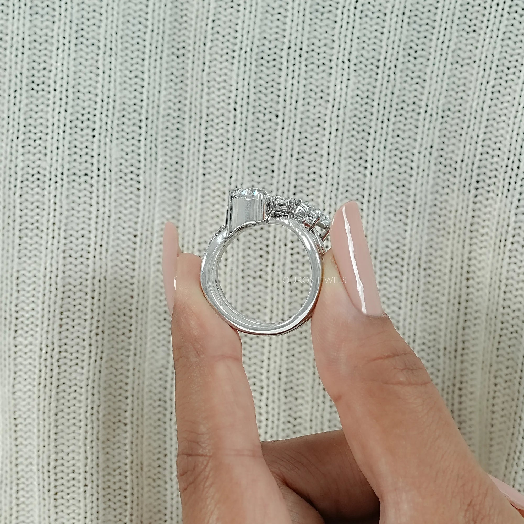 Three Row Multi Shape Lab Diamond Wave Band Ring