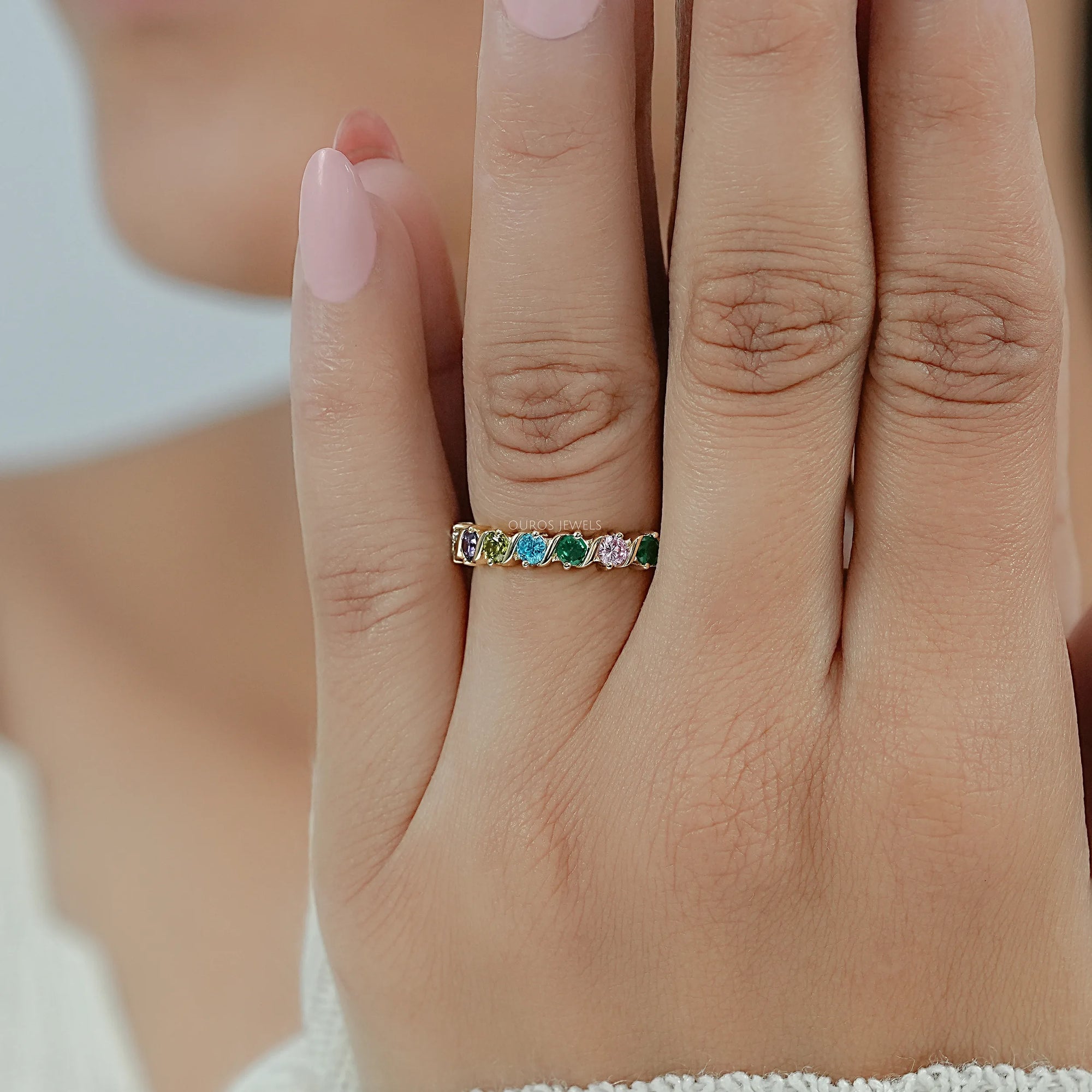 Multi Gemstone Half Eternity Wedding Band Ring