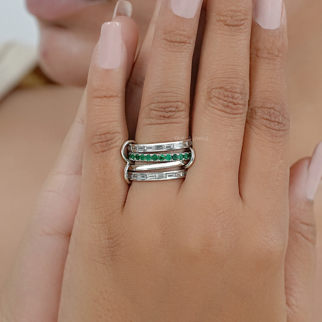 Interlink Natural Round Gemstone Wedding Band