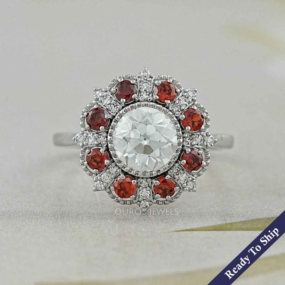 OEC Round Lab Diamond And Ruby Gemstone Halo Ring Rings