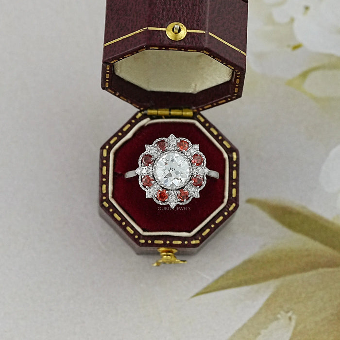 OEC Round Lab Diamond And Ruby Gemstone Halo Ring