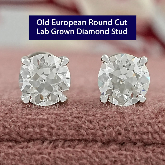 Round Cut Lab Diamond Stud Earrings With Old European Cut