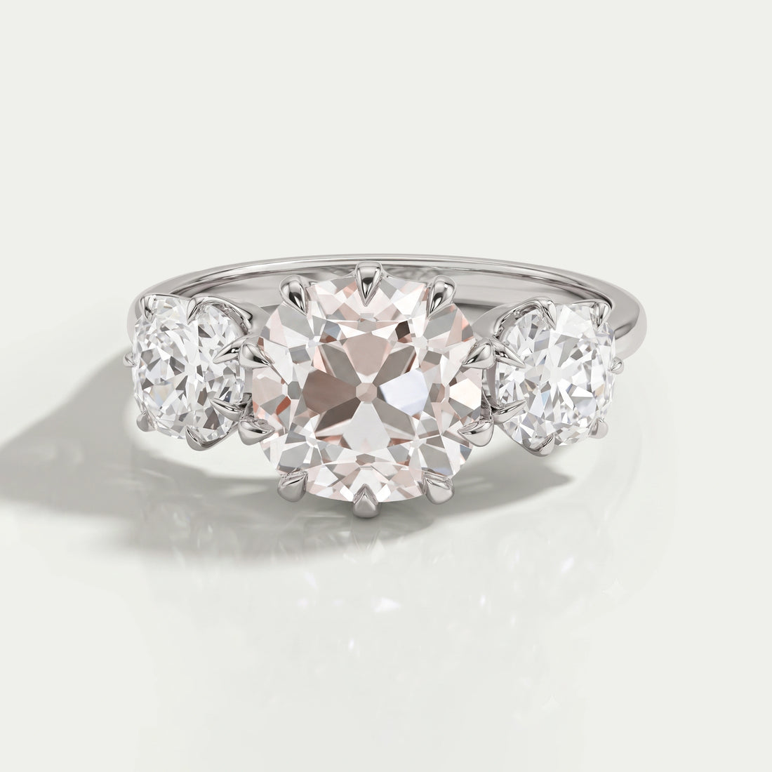 Tri Diamond Old Mine Cushion Cut Engagement Ring Rings