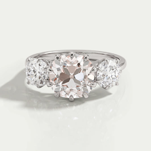 Tri Diamond Old Mine Cushion Cut Engagement Ring Rings