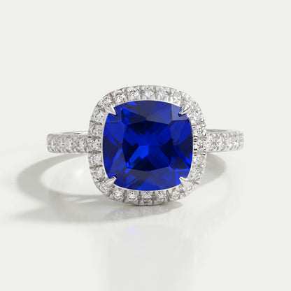 Blue Cushion Cut Halo Diamond Engagement Ring