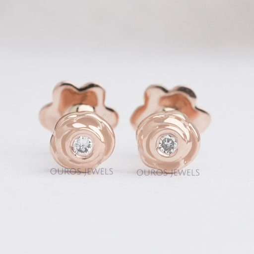 back view round cut diamond blushing rose baby earrings push back with diamond