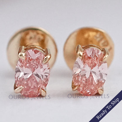 Fancy Pink Stud Earrings, 14K Yellow Gold Oval Stud Earrings