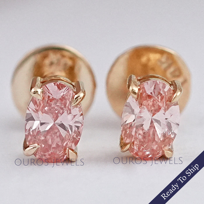Fancy Pink Stud Earrings, 14K Yellow Gold Oval Stud