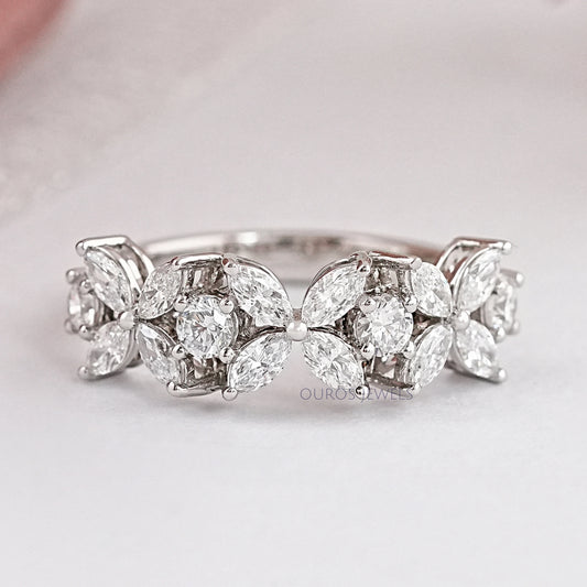 Marquise And Round Cut Diamond Flower Wedding Band Rings