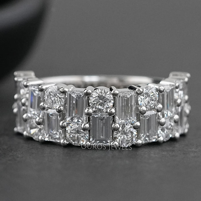 front view of baguette and round brilliant cut lab diamond unisex rings for couples