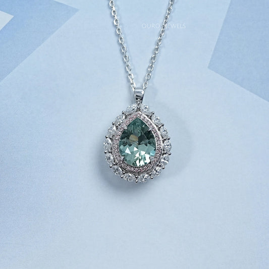 Aquamarine Pear Gemstone Double Halo Pendant