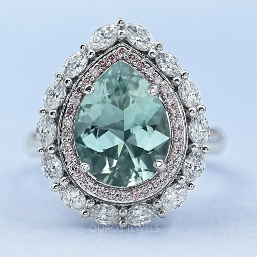 pear gemstone double halo aquamarine engagement ring's front view