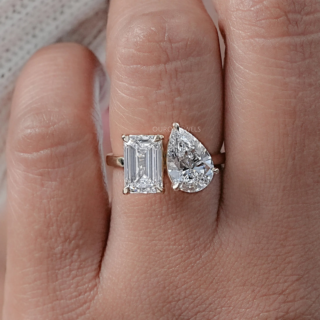 Pear And Emerald Diamond Two Stone Ring Ring