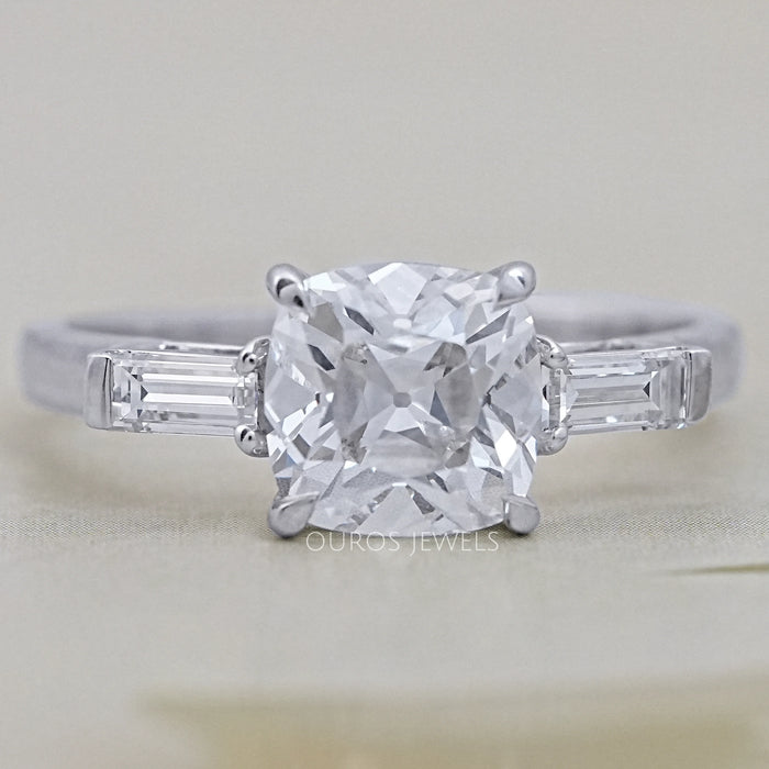 front view of square old mine cushion cut lab diamond three stone engagement ring