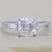 front view of square old mine cushion cut lab diamond three stone engagement ring