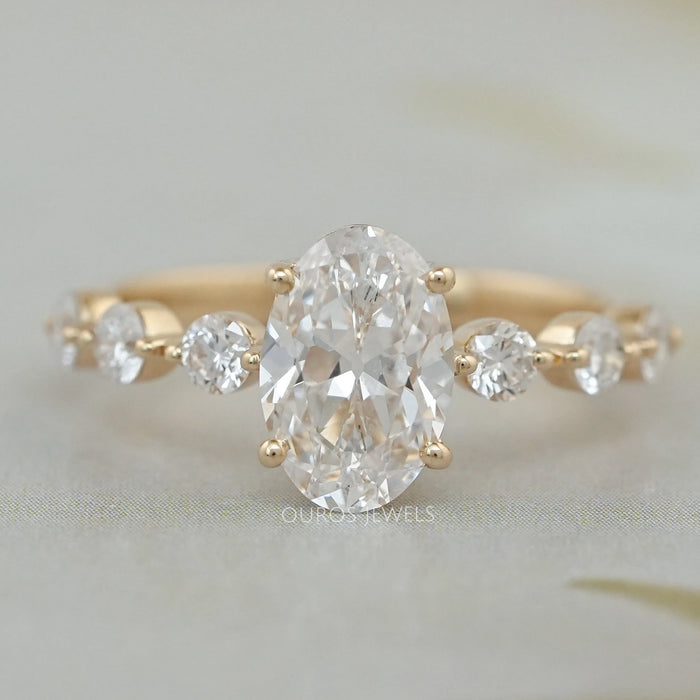 front view of old mine moval cut lab diamond solitaire accent engagement ring
