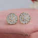 front view round cut cluster diamond stud earrings yellow gold on box