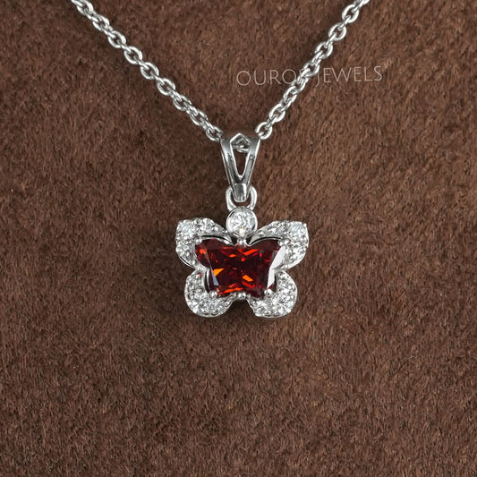 Daily Wear Red Butterfly Cut Lab Diamond Halo Pendant