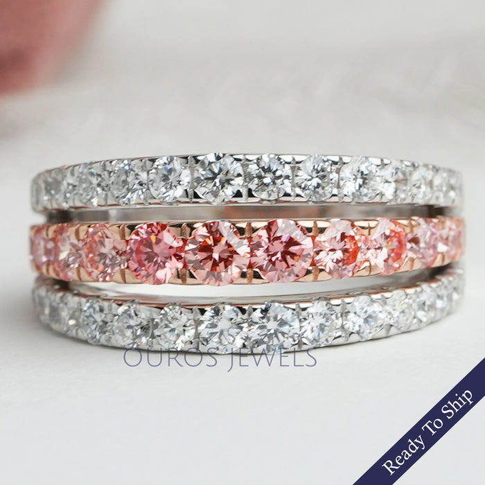 Pink Round Cut Lab Grown Diamond  Triple Row Band