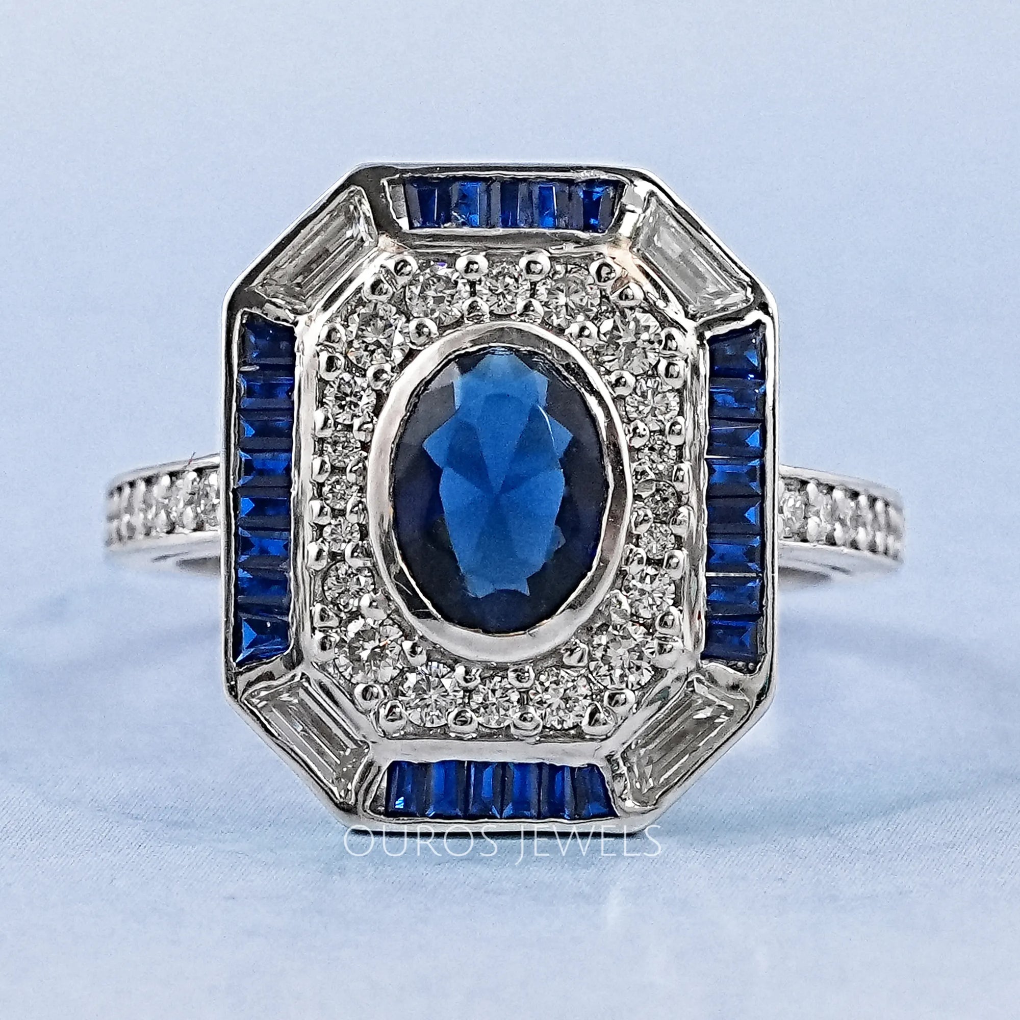 Blue Oval And Baguette Cut GemStone Engagement Ring