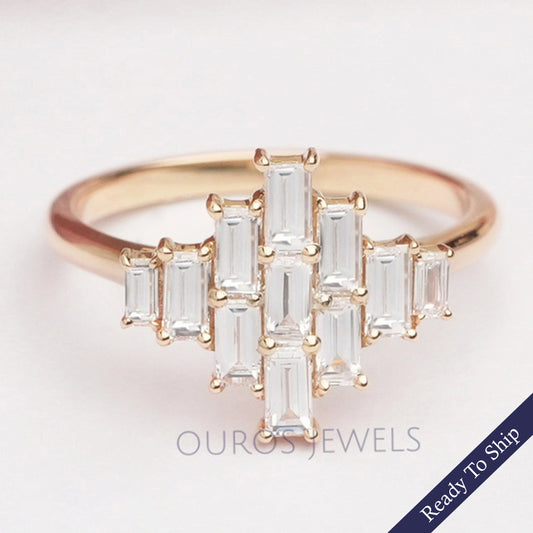 Yellow Gold Baguette Cut Cluster Diamond Engagement Ring