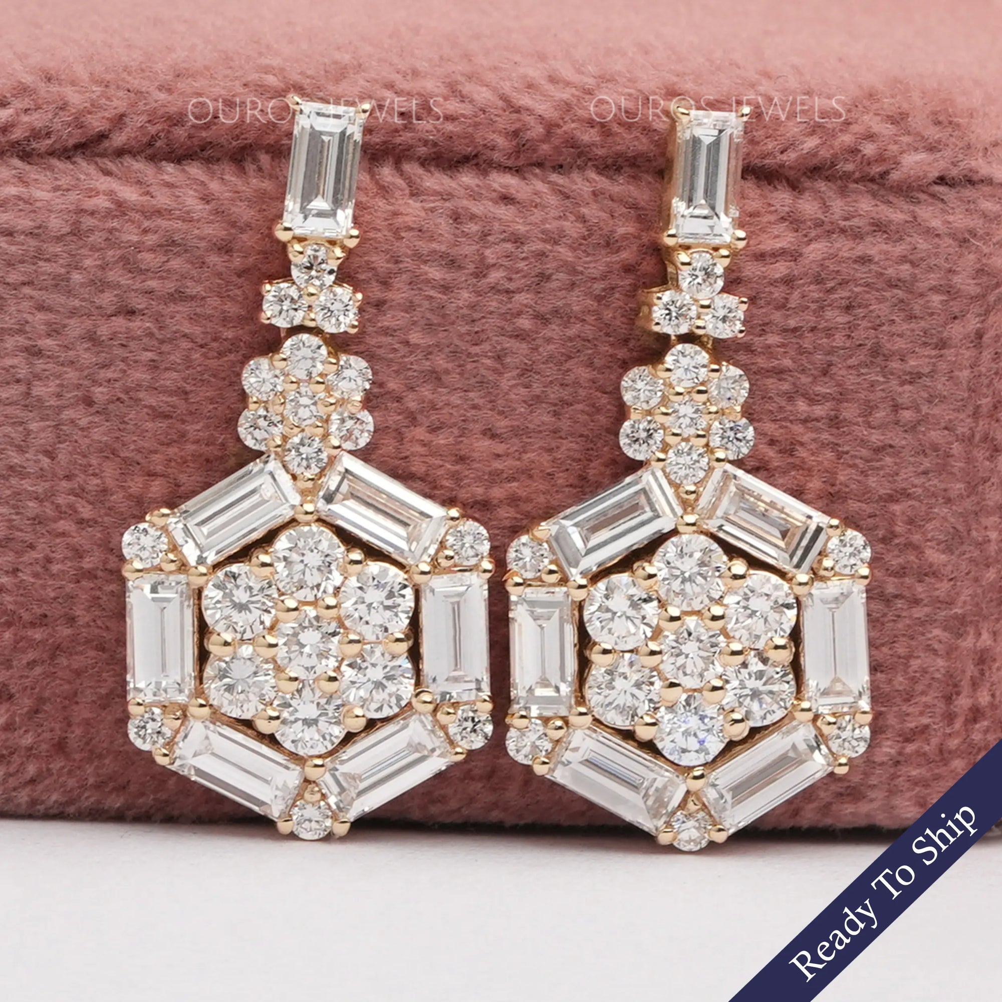 Hexagon Shape Baguette And Round Cut Screw Back Earrings