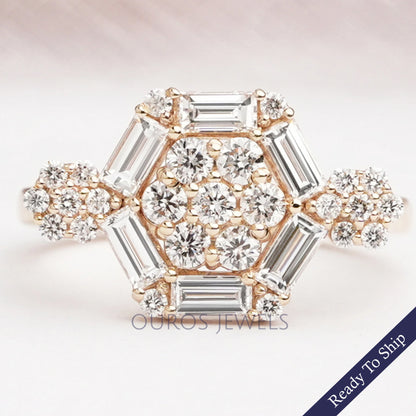 Octagon Shape Baguette Cut Halo Yellow Gold Engagement Ring
