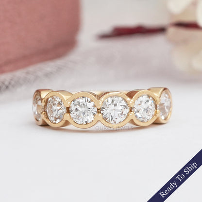OEC Round Cut Lab Diamond Half Eternity & Half Bezel Set Band Ring