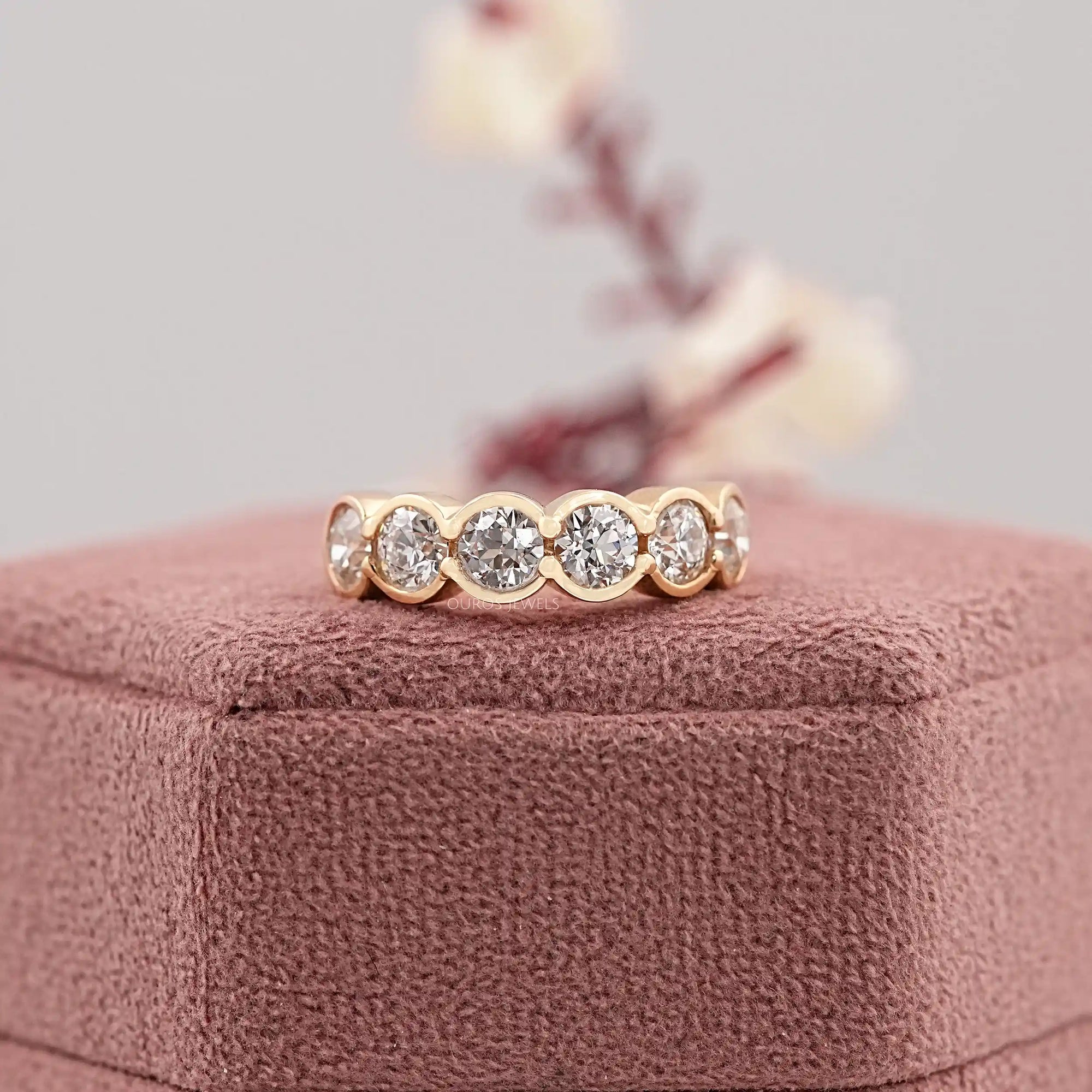 OEC Round Cut Lab Diamond Half Eternity & Half Bezel Set Band Ring