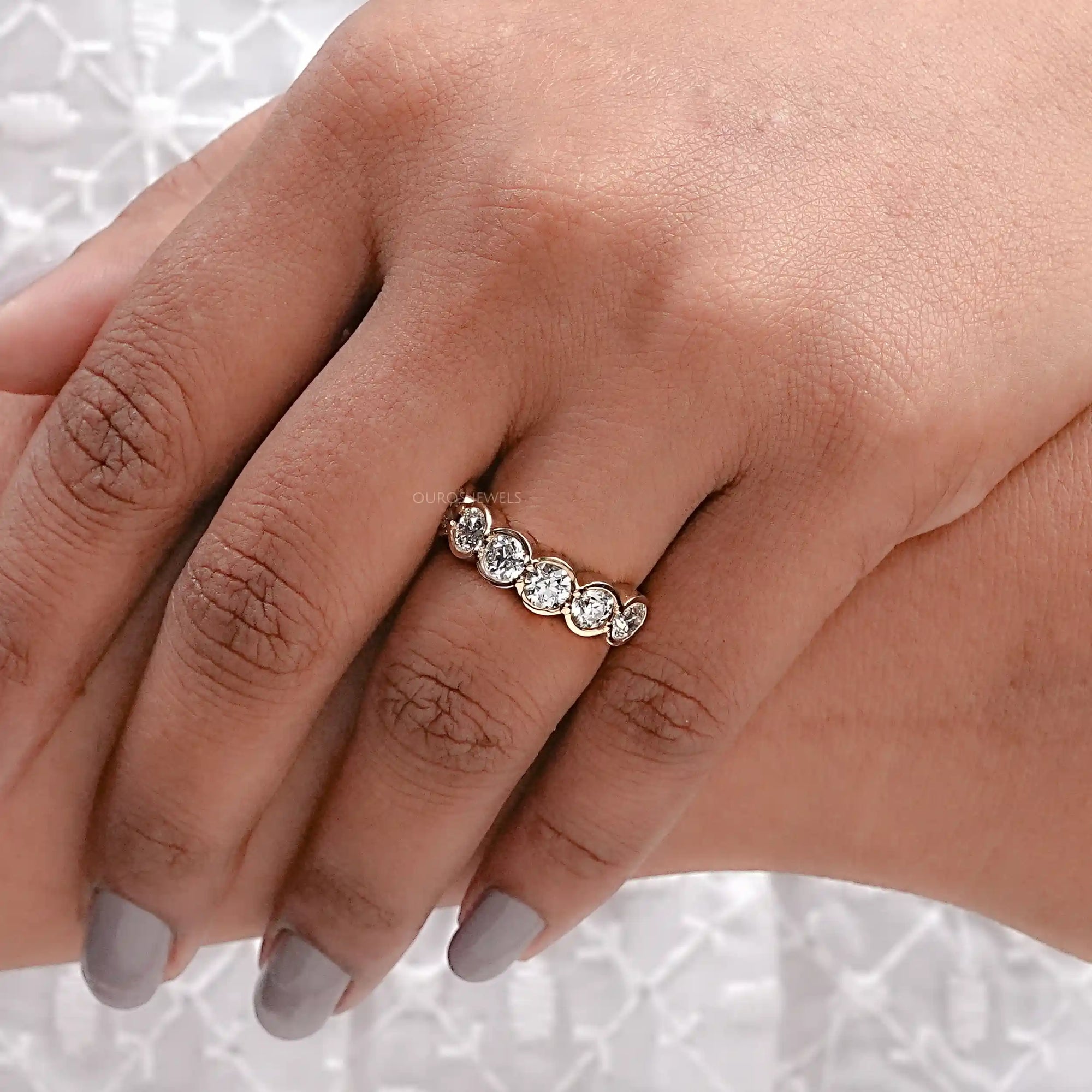 OEC Round Cut Lab Diamond Half Eternity & Half Bezel Set Band Ring