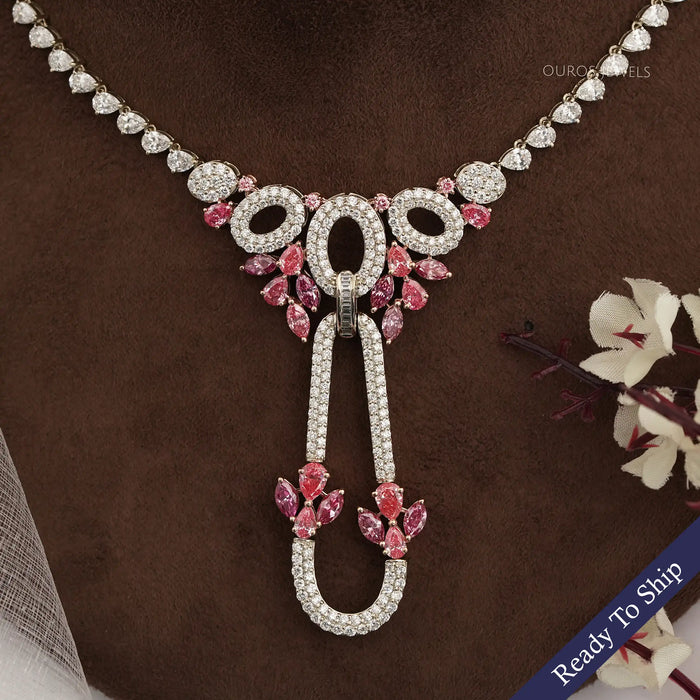 Pink Pear And Marquise Diamond Cluster Bridal Necklace