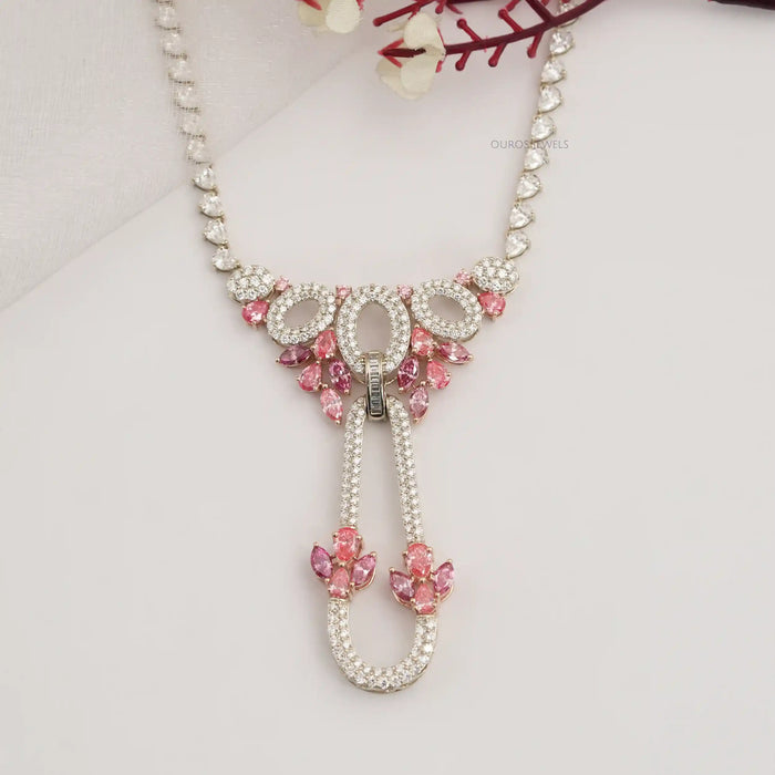 Pink Pear And Marquise Diamond Cluster Bridal Necklace