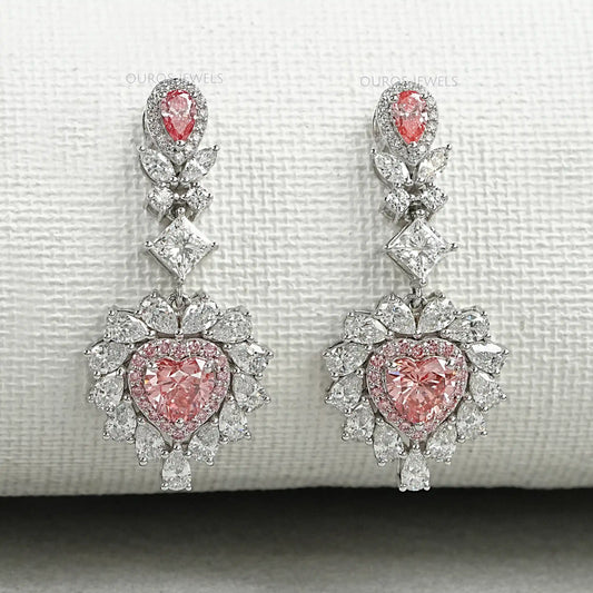 Pink Heart Cut Double Halo Drop Dangle Earrings Earrings