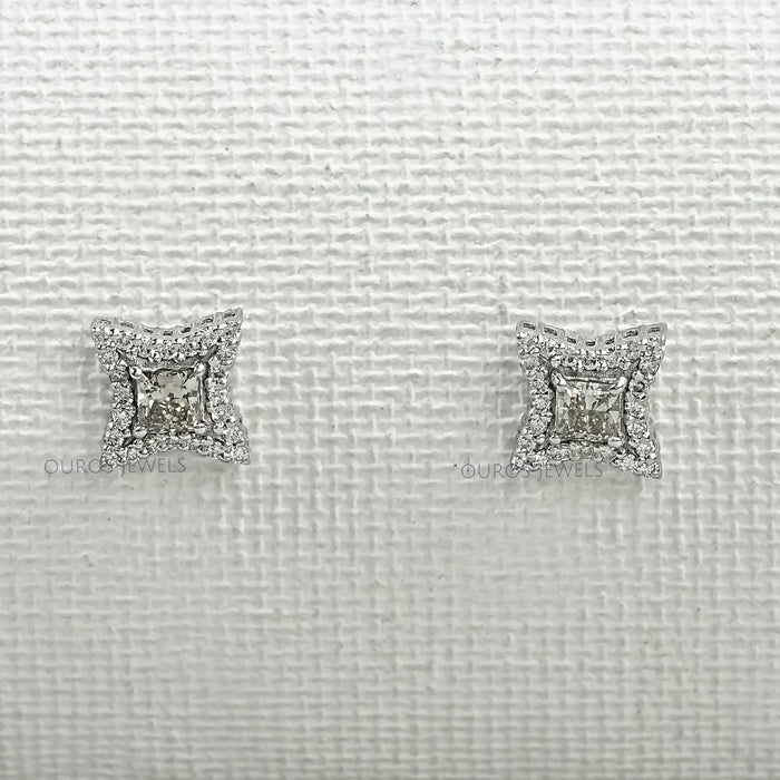 Olive Color Diamond Halo Princess Stud Earring