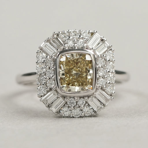 top view of yellow cushion cut diamond bezel set halo cluster engagement ring