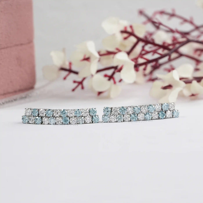Double Row Blue Round Lab Diamond Earrings