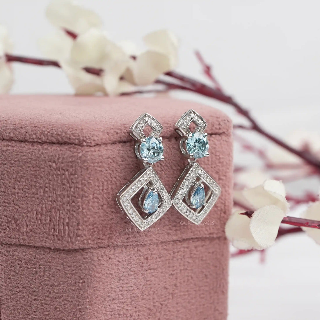 Blue Pear And Round Lab Diamond Drop Earrings Earrings