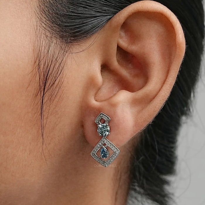 Blue Pear And Round Lab Diamond Drop Earrings